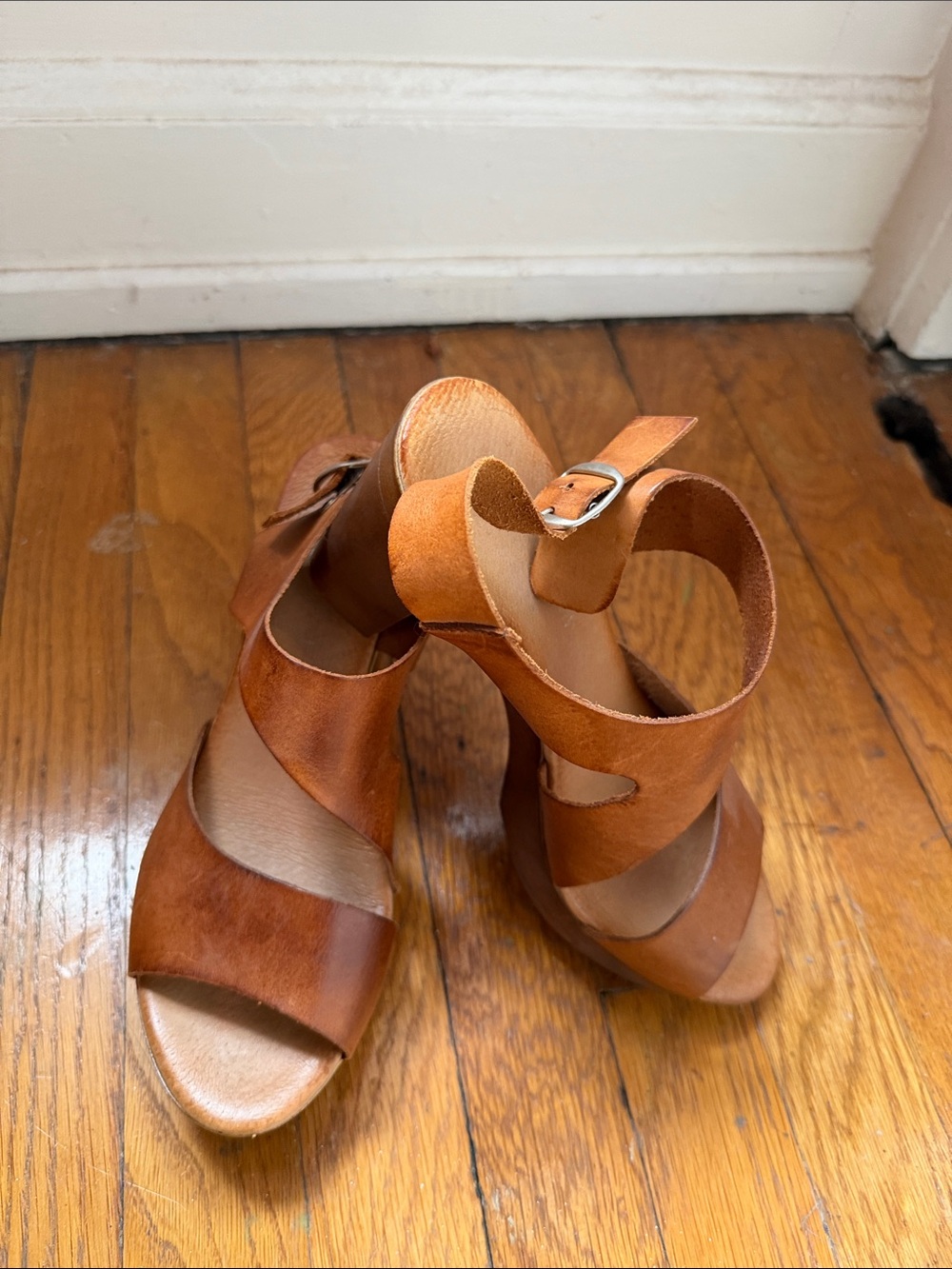 Marila Cognac Brown Leather Strappy Wedge Sandals with Ankle Buckle